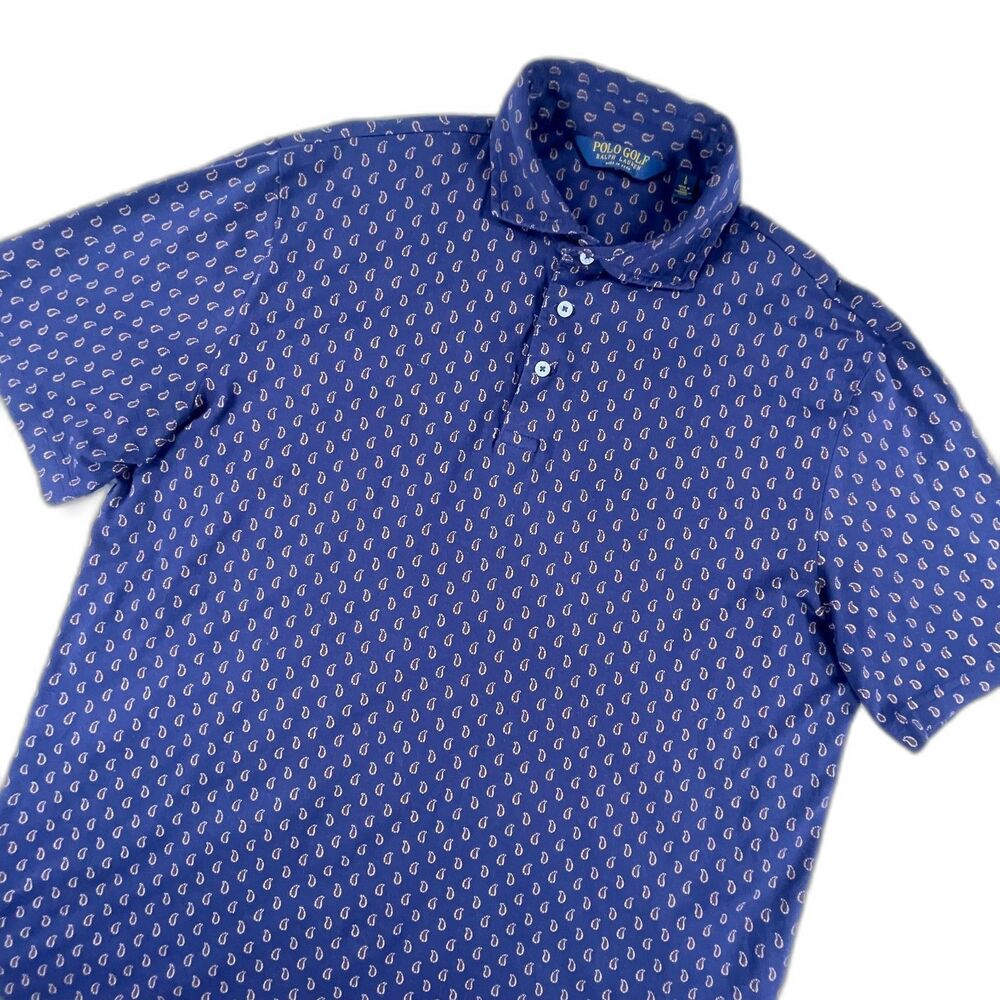 Polo Golf Ralph Lauren L Blue Paisley Cotton Short Sleeve Mens Polo Shirt Luxury